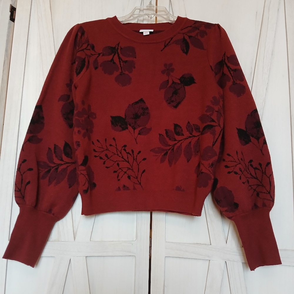 LuLaroe Piper Balloon Sleeve Burgundy Leaf Pattern Pullover Sweater - S
